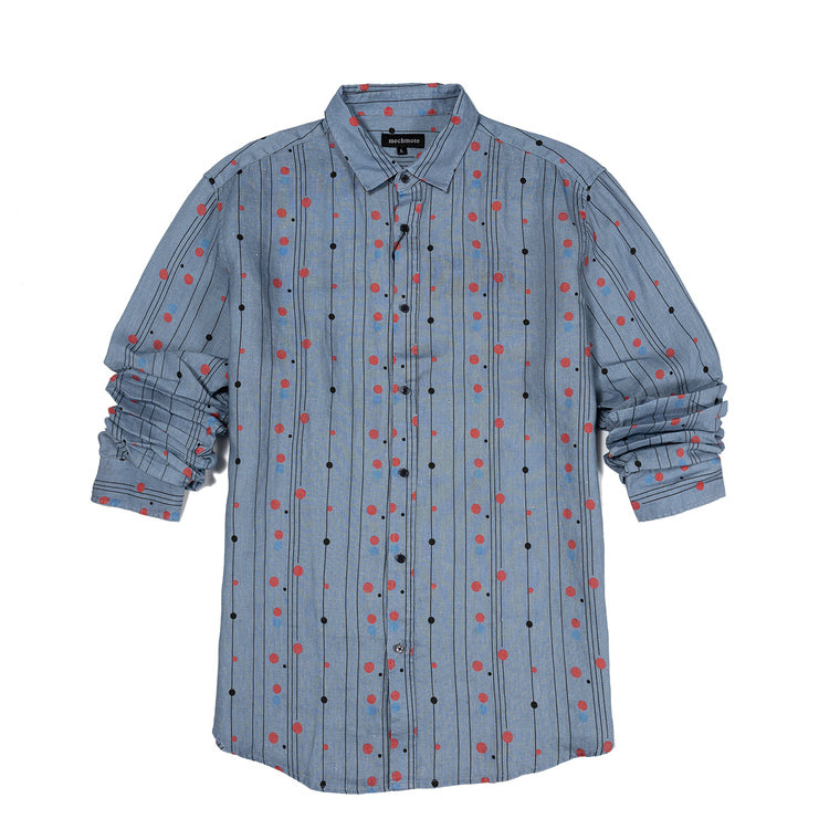 28.Printed Linen Shirt With Stripe Dot Print