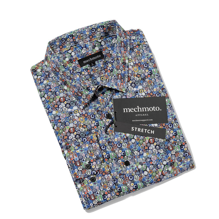 42.Stretch Mini Print Shirt With Chest Pocket