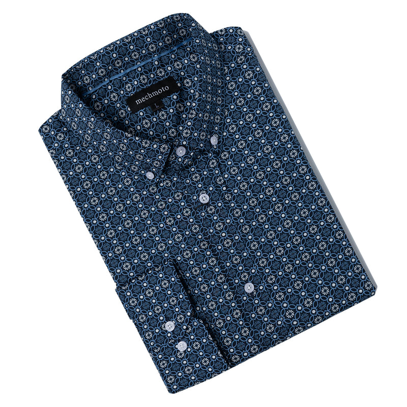 Stretch L/S shirt back box pleat button down collar