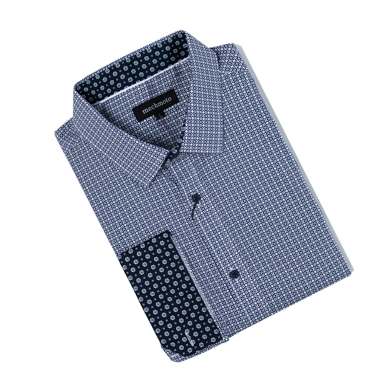 L/S stretch cotton print with geo design and contrast in collar and cuffs