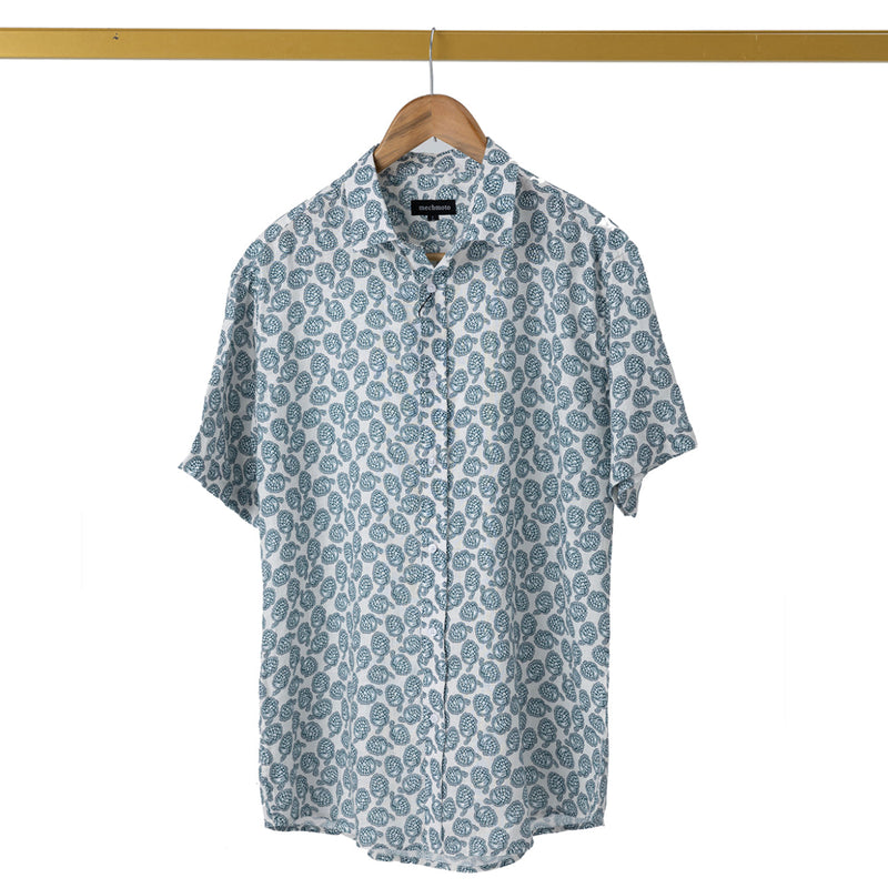 Luxury linen shirt with fruit print and back box pleat