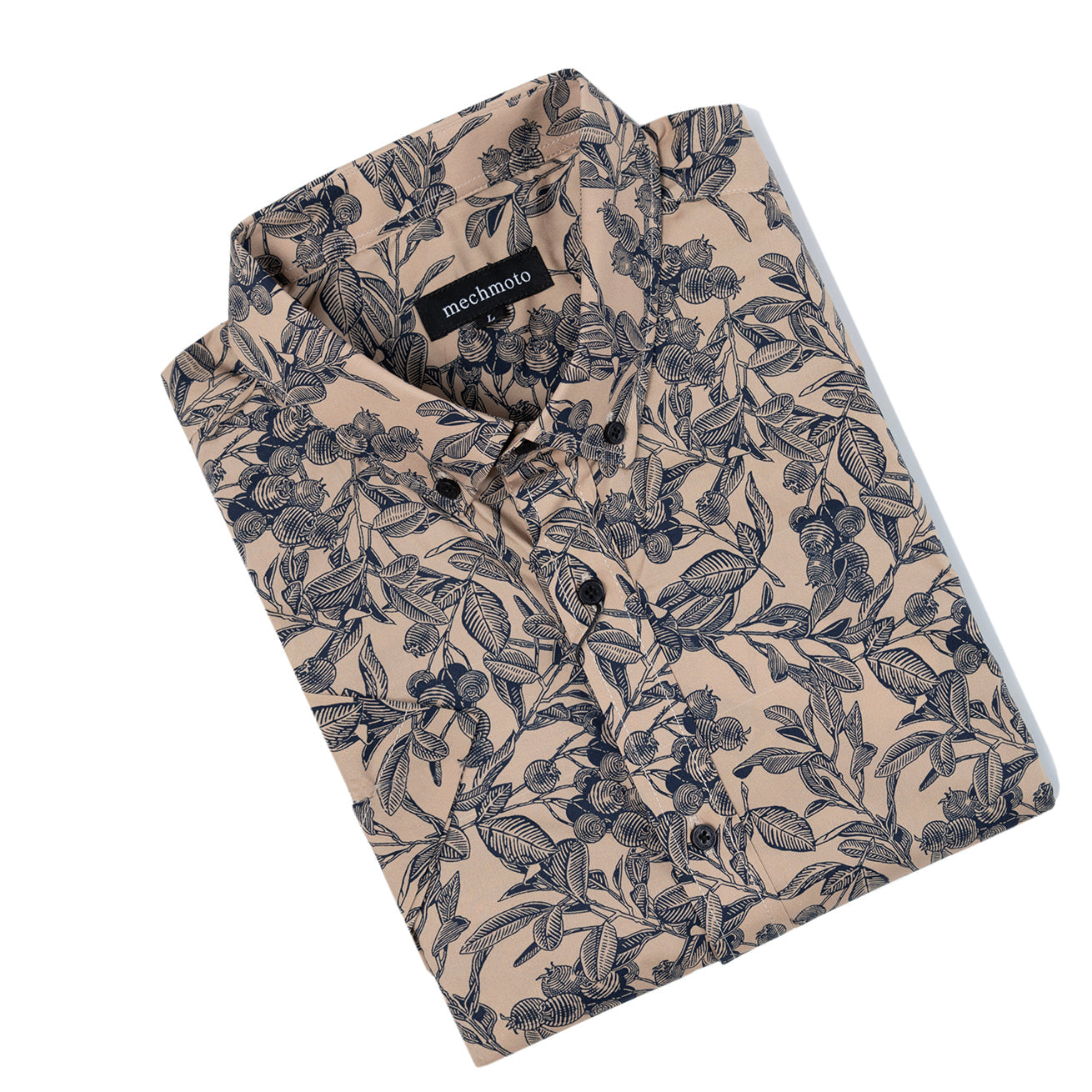 Stretch S/S leaf print with back box pleat and button down collar