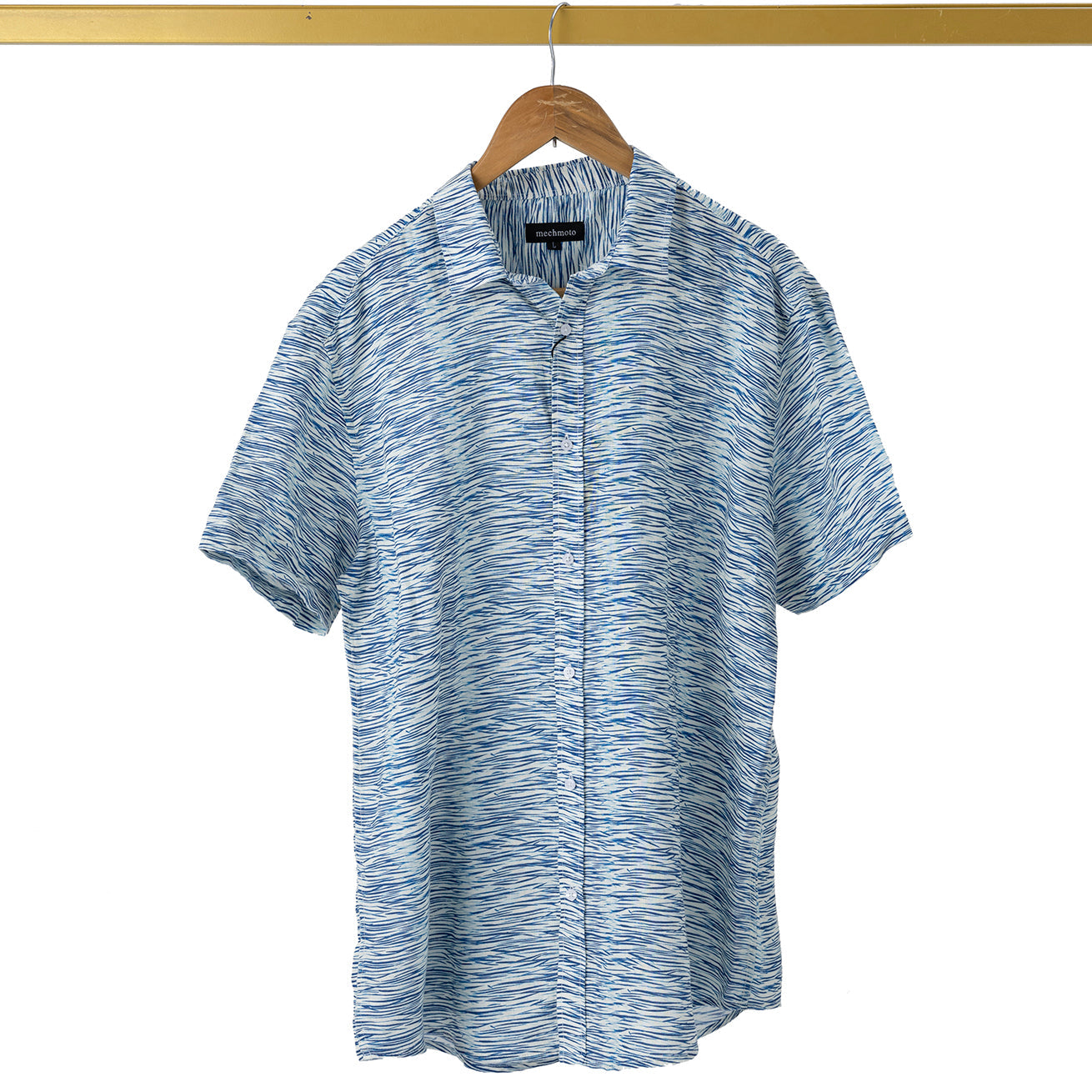 Linen S/S shirt with broken stripe print, back box pleat