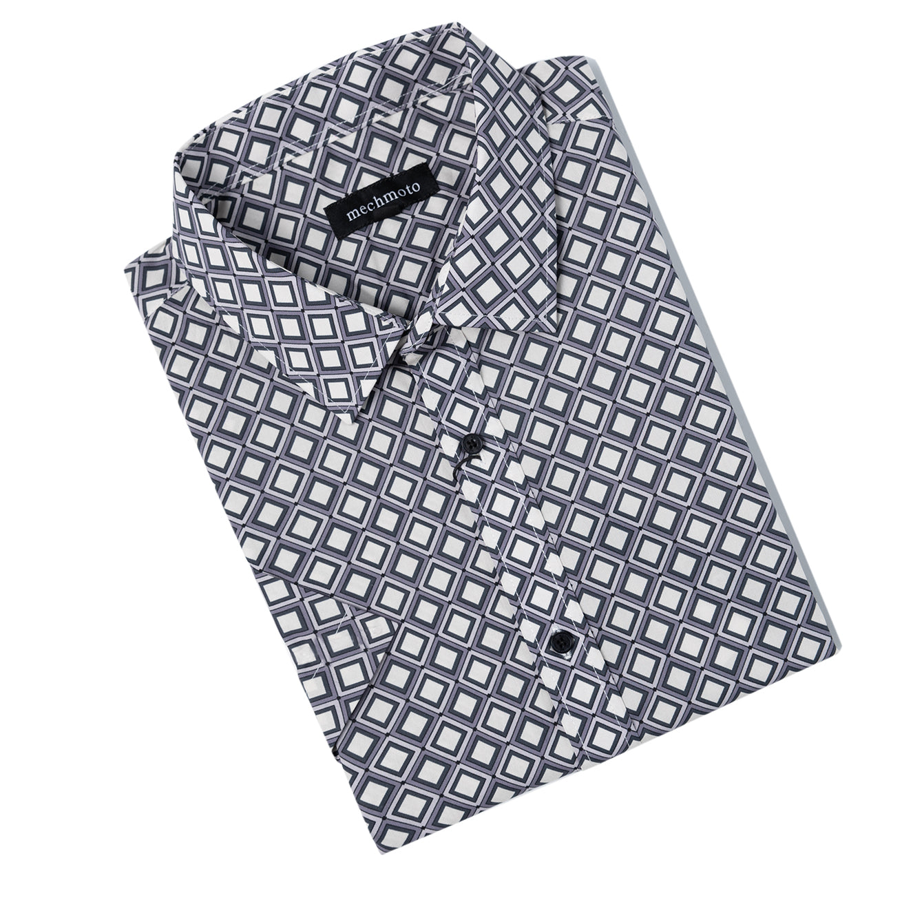 Cotton stretch geo print with button down collar