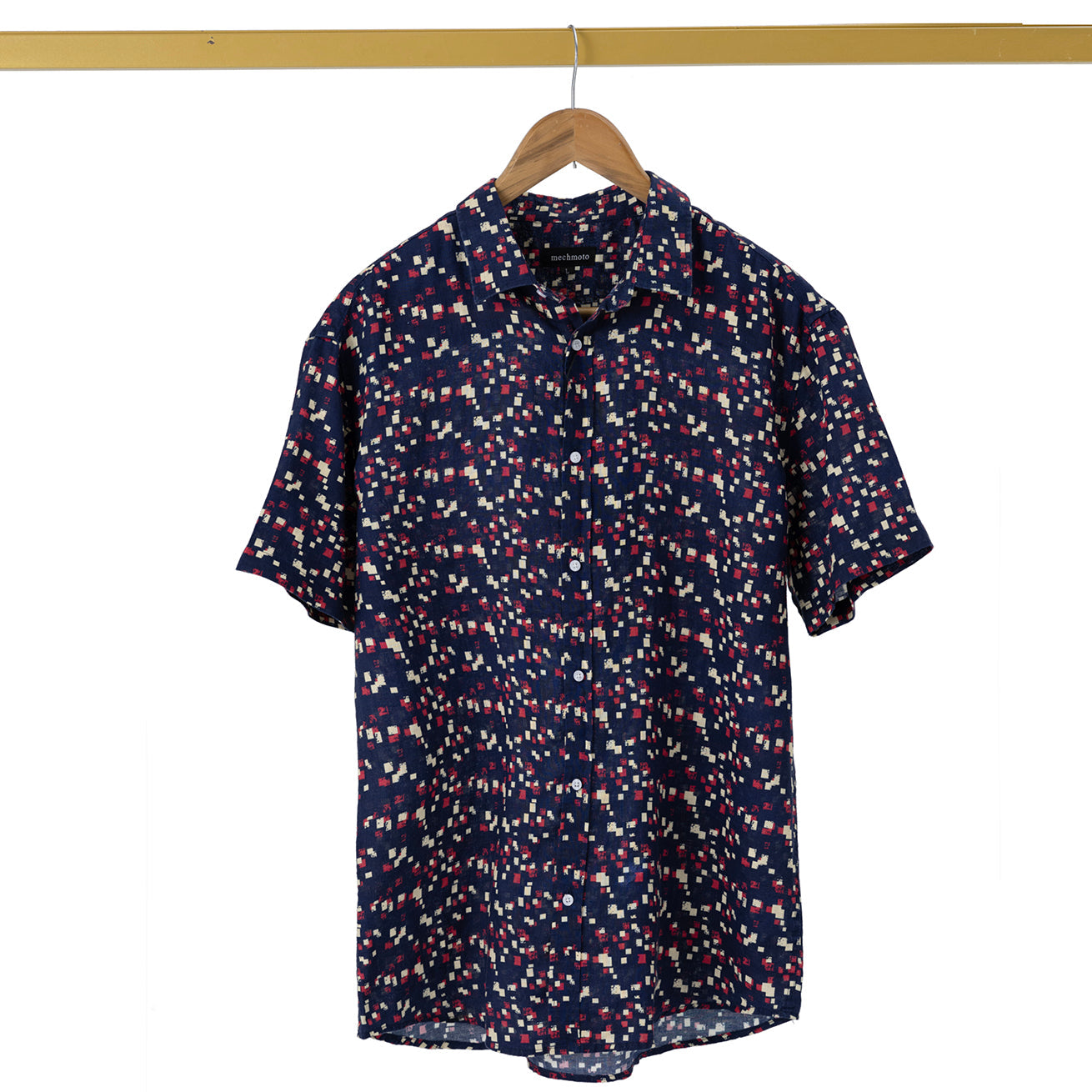 Linen broken block design S/S shirt with back box pleat