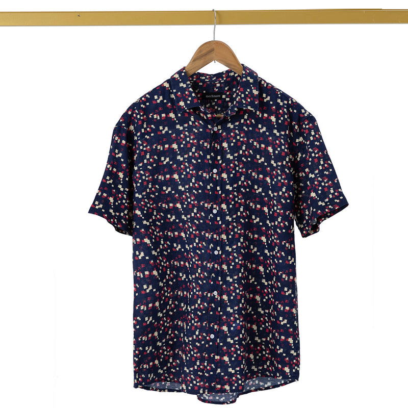 Linen broken block design S/S shirt with back box pleat