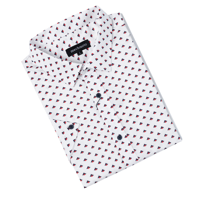 Arrow print stretch S/S shirt with back box pleat rolled button cuff