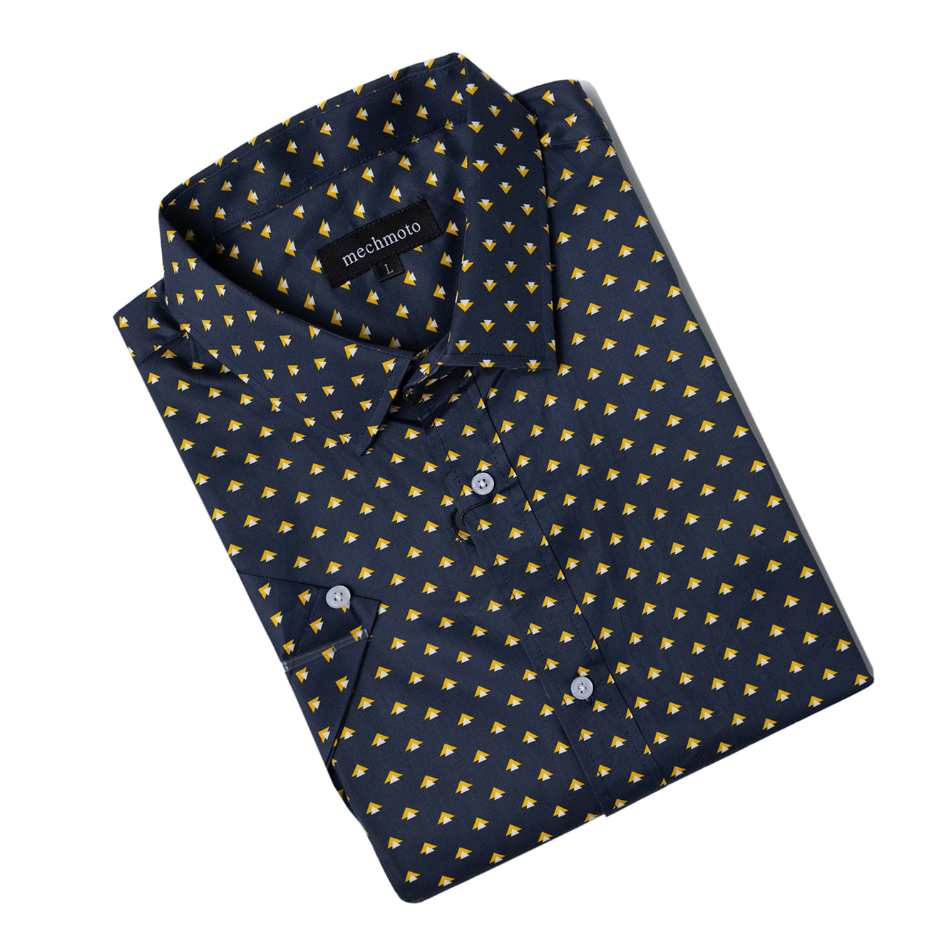Arrow print stretch S/S shirt with back box pleat rolled button cuff