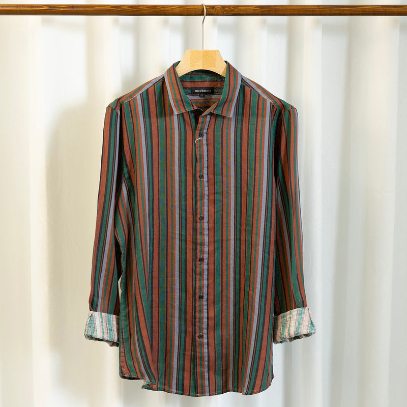 Linen multi stripe shirt with back box pleat