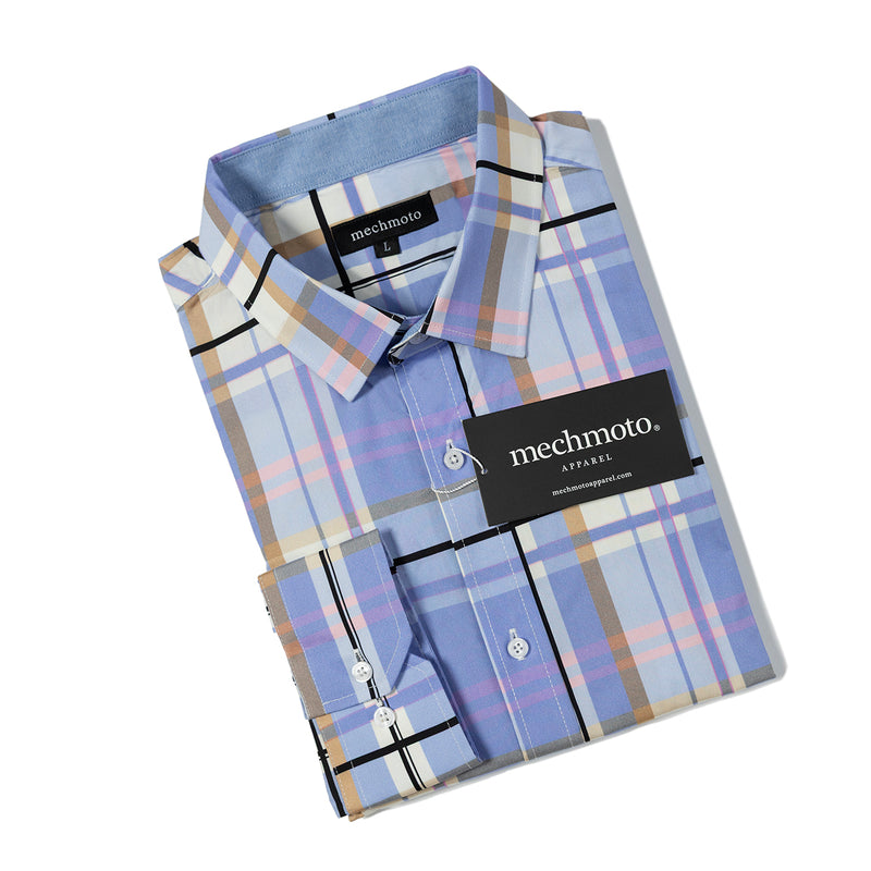 Cotton stretch mutl check shirt. Two back darts