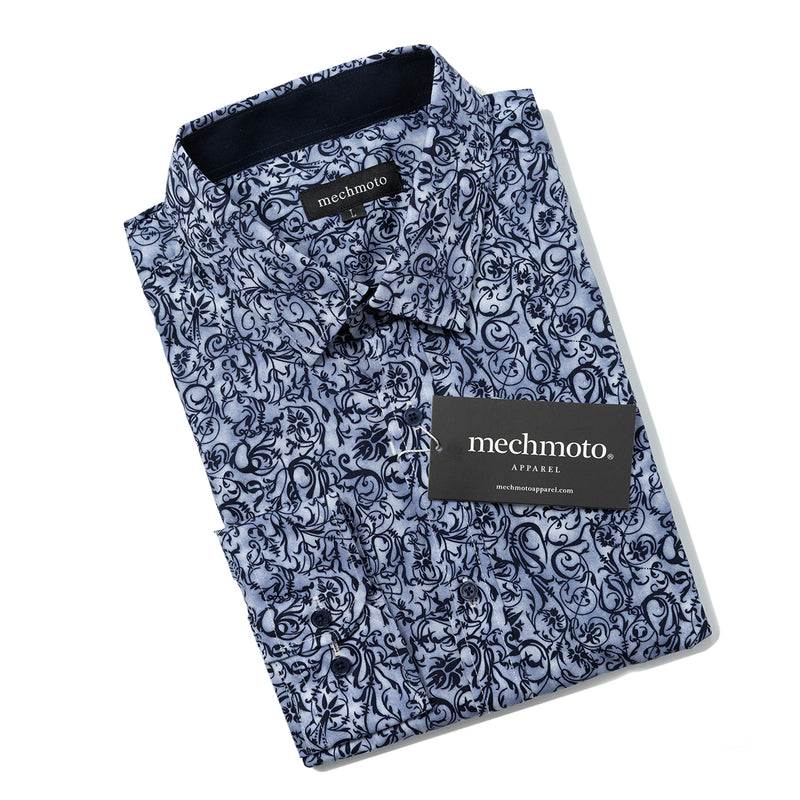 Cotton stretch shirt with marble over print. Two back darts