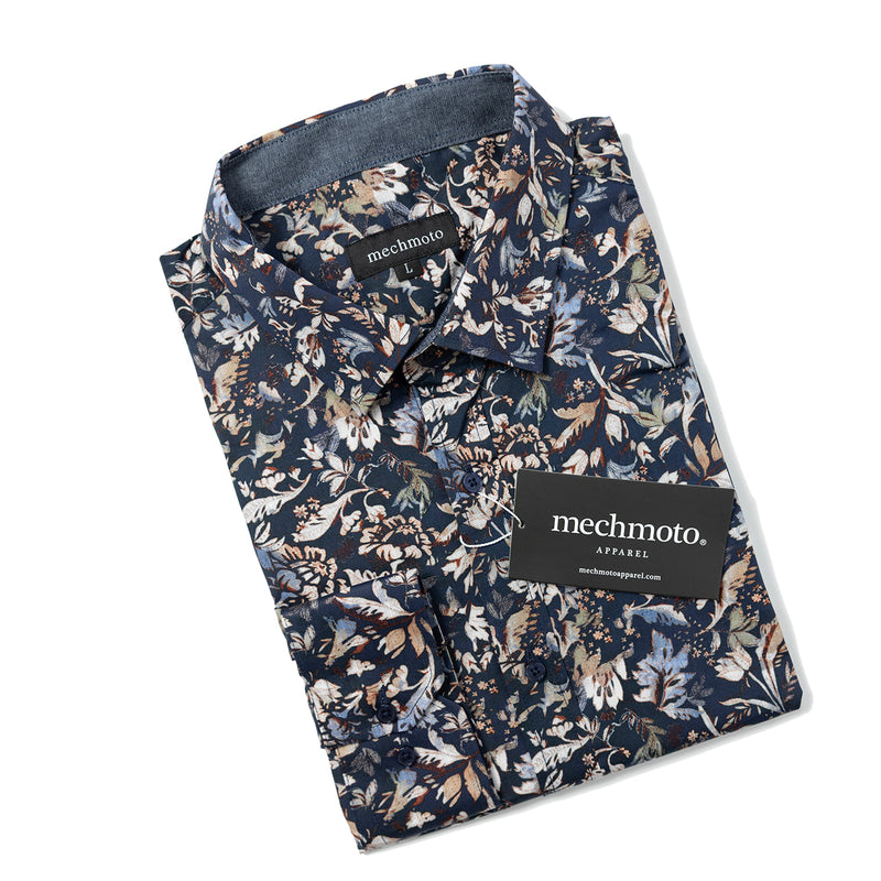 Navy stretch shirt with contrast in collar and back box pleat