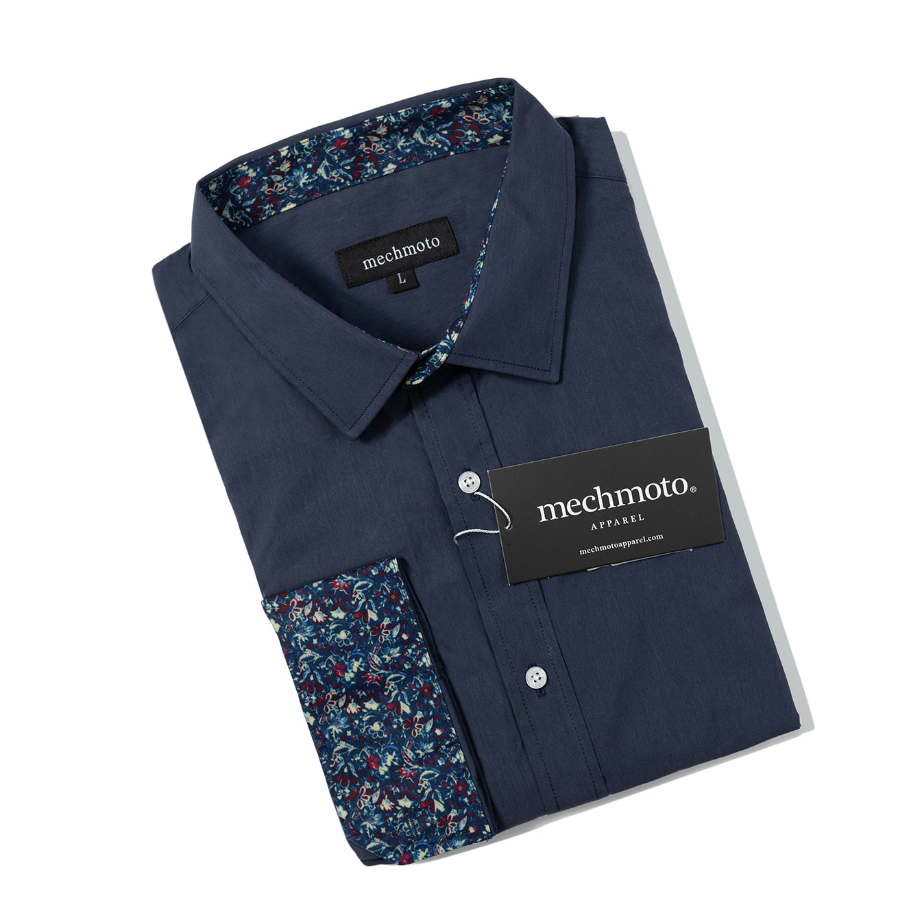 Navy shirt with contrast in collar and down button placket and inside cuffs