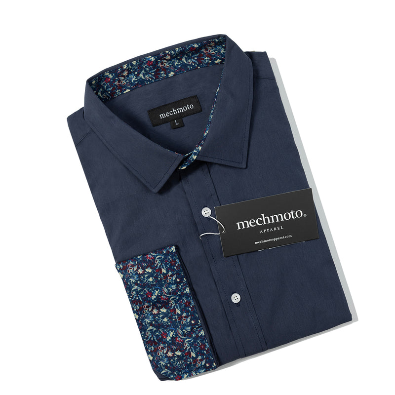Navy shirt with contrast in collar and down button placket and inside cuffs