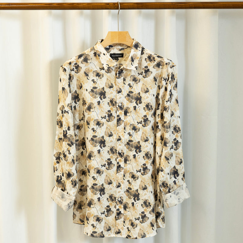 Linen broken leaf print shirt with back box pleat