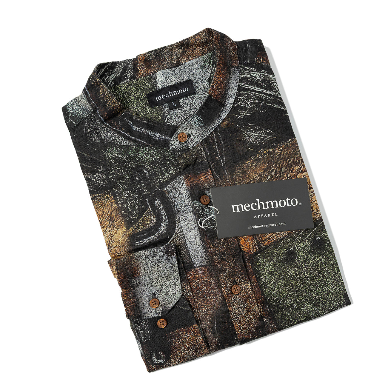 Linen brown print shirt with manadrin collar and back box pleat