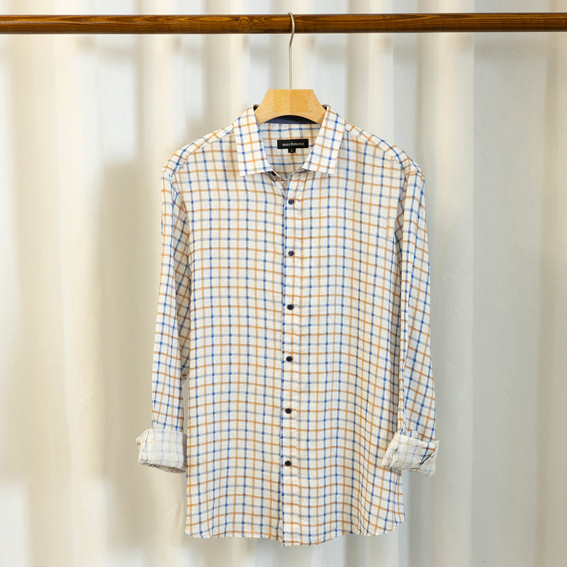 Linen check shirt with contrast in collar back box pleat
