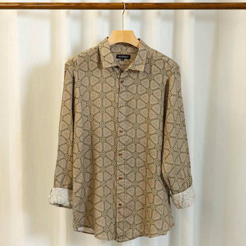 Linen multi print shirt with back box pleat