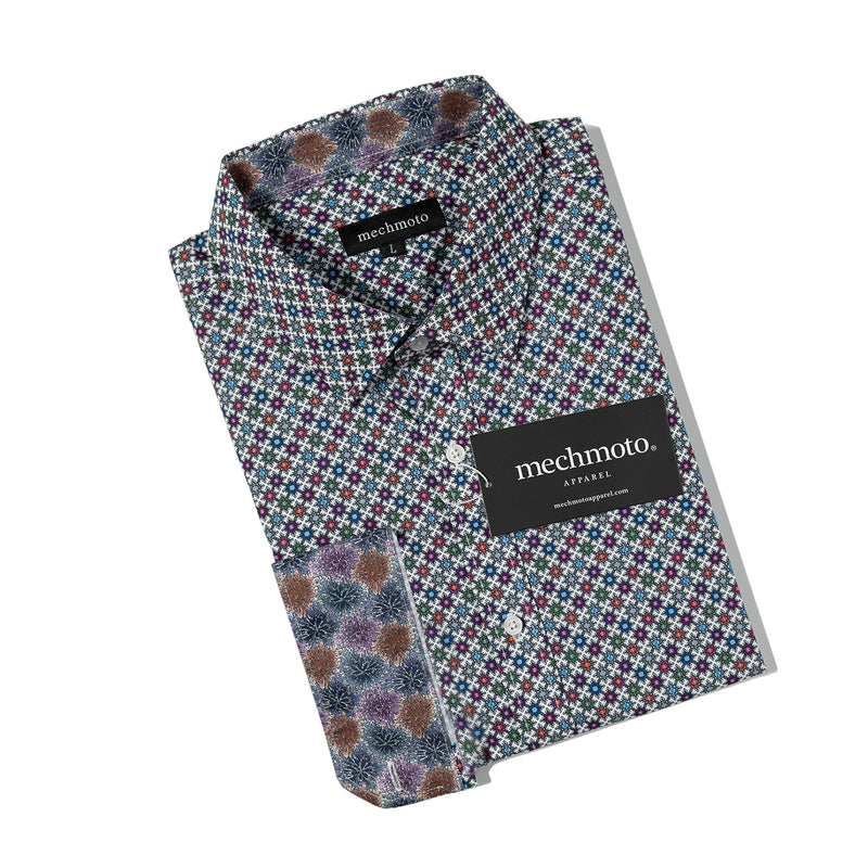 MultI colour geo design shirt with contrast in collar and cuffs