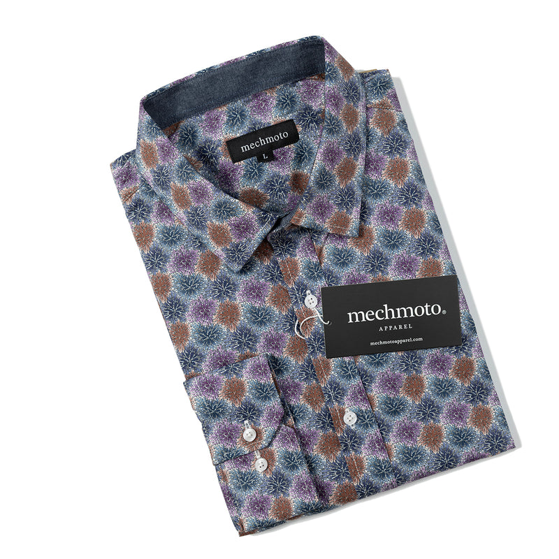 Stretch multi geo design shirt with contrast in collar. Two back darts