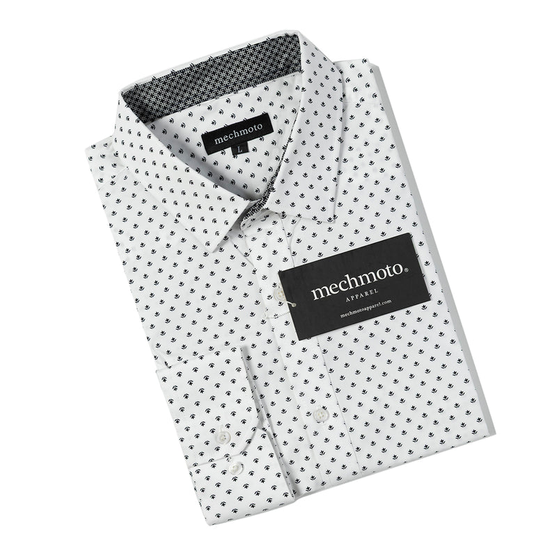 Cotton stretch shirt with geo print. Two back darts contrast in collar