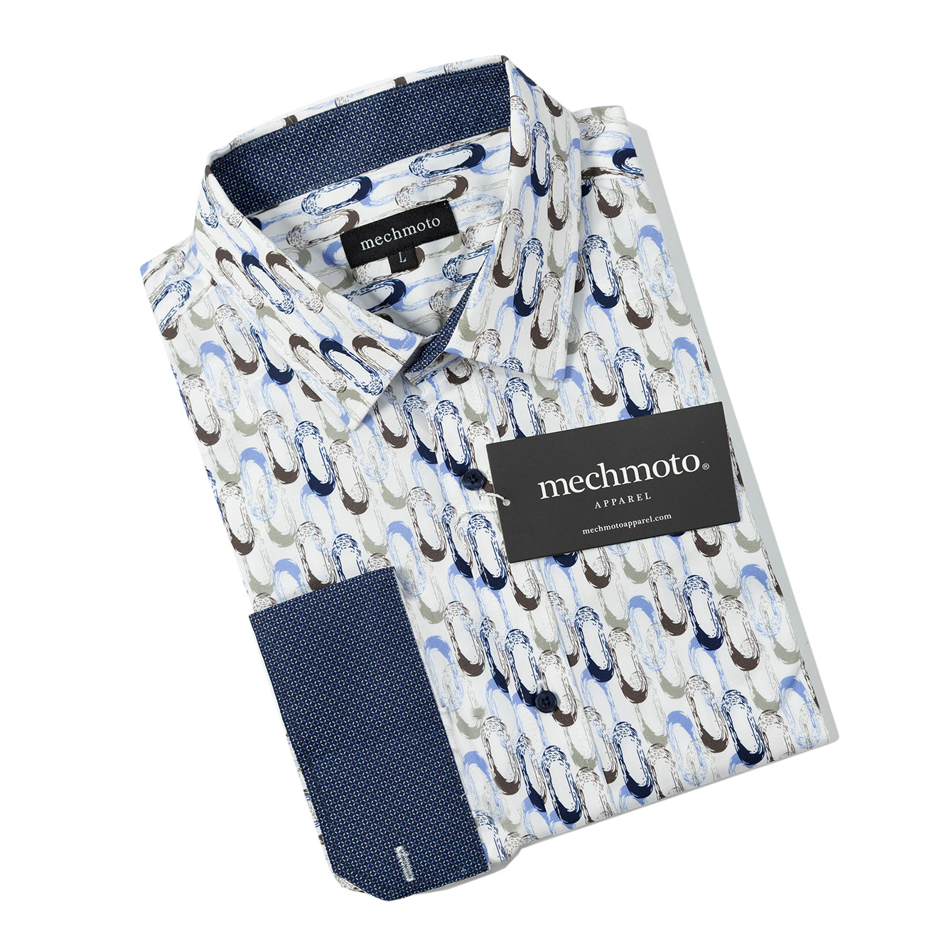 Cotton stretch shirt with retro print. Two back darts. Contrast in collar