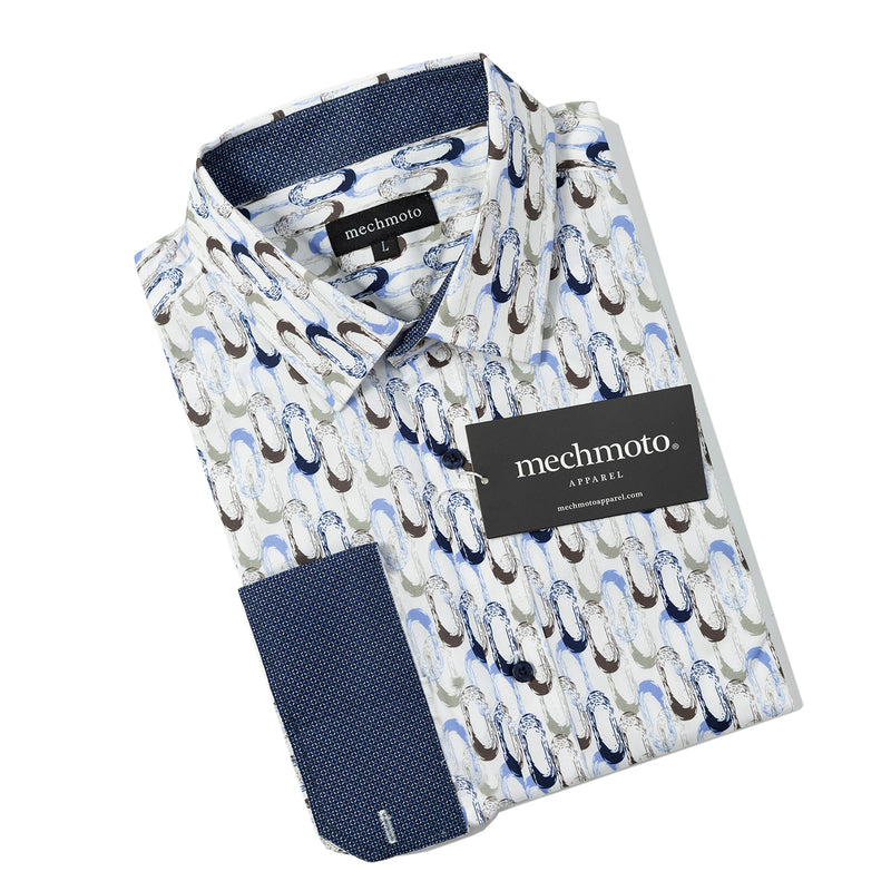 Cotton stretch shirt with retro print. Two back darts. Contrast in collar