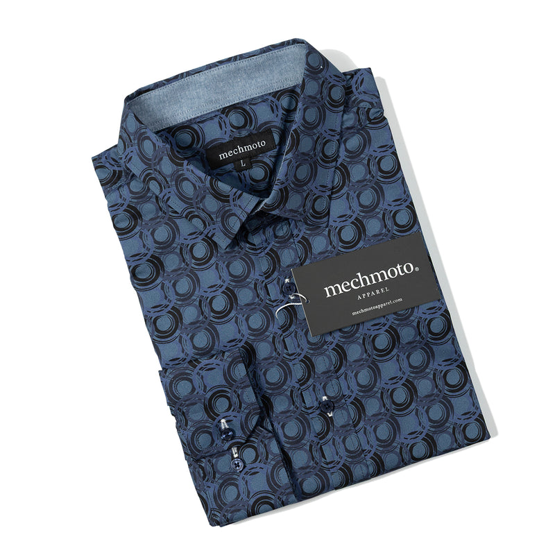 Stretch circle print with back box pleat contrast in collar
