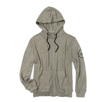 Hoodie knit top with button through zip. Kangaroo pockets Print on sleeve