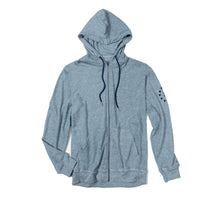 Hoodie knit top with button through zip. Kangaroo pockets Print on sleeve