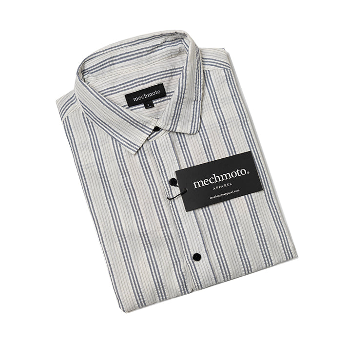 Striped seersucker short sleeve shirt with back box pleat