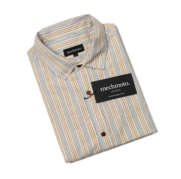 Striped seersucker short sleeve shirt with back box pleat