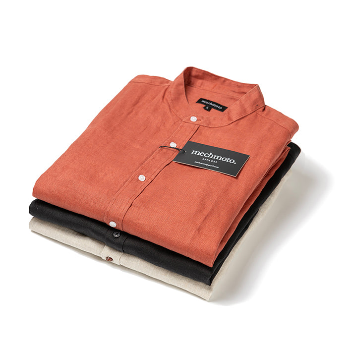 L/S linen shirt with Chinese collar and back box pleat