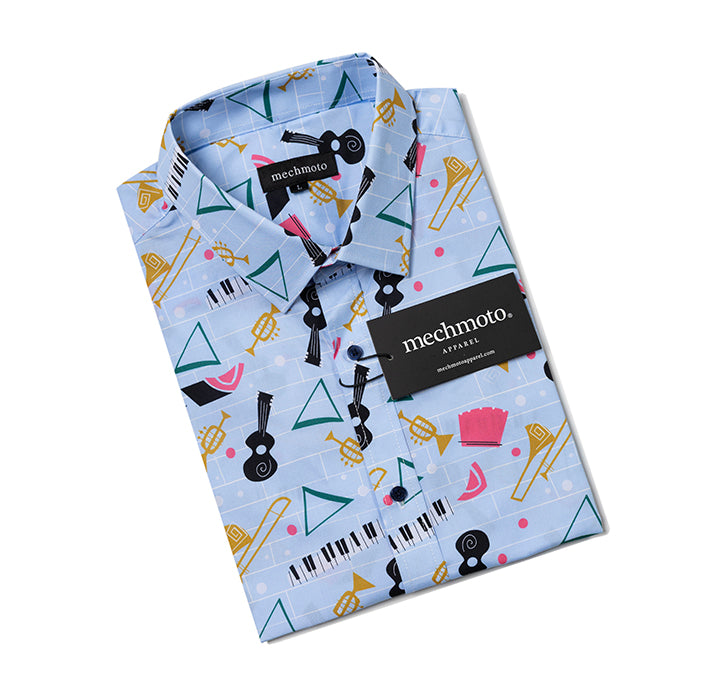 S/S cotton stretch shirt with music instrument print ,Two back darts
