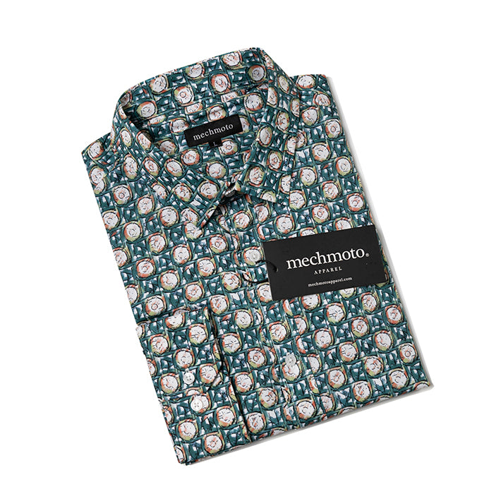 Cotton stretch l/s shirt with geo print contrast in collar