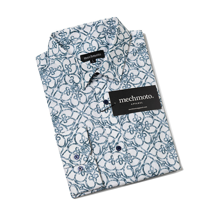 Long sleeve cotton print shirt with back box pleat and button down collar