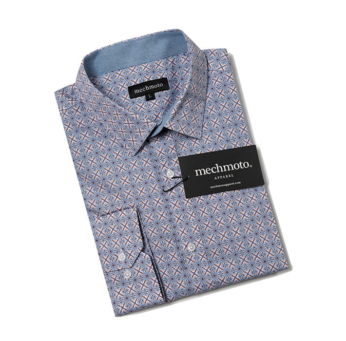 L/S stretch shirt geo rpint back box pleat contrast in collar