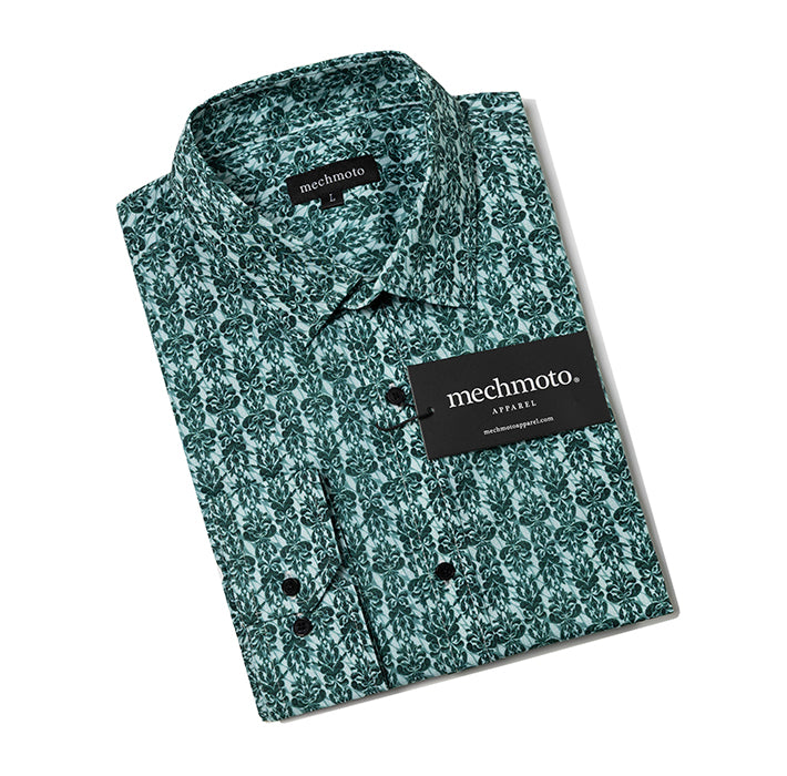 Cotton stretch L/S shirt with green leaf print