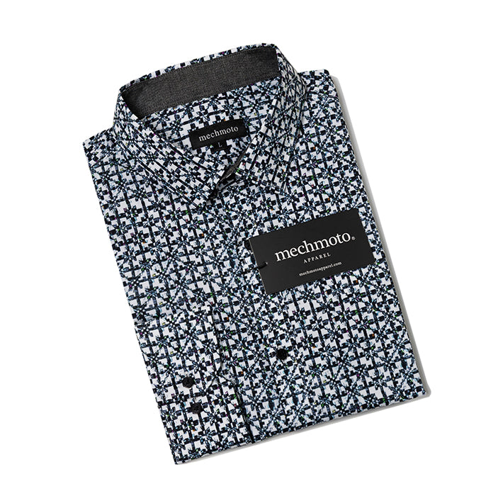 Cotton stretch diamond print shirt Back box pleat contrast in collar