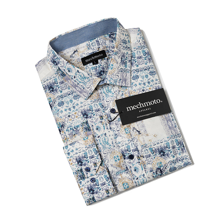 Cotton stretch l/s shirt with geo print contrast in collar