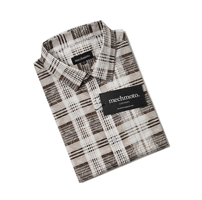 S/S cotton stretch shirt with leaf over print button down collar