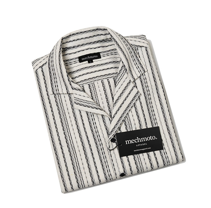 Knitted stripe S/S shirt with Johnny Collar