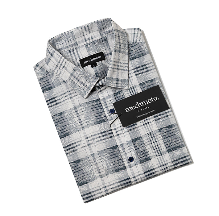 S/S cotton stretch shirt with leaf over print button down collar