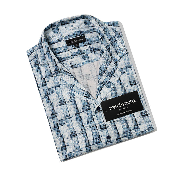 S/S cotton stretch shirt with fragmented print back box pleat, Johnny collar