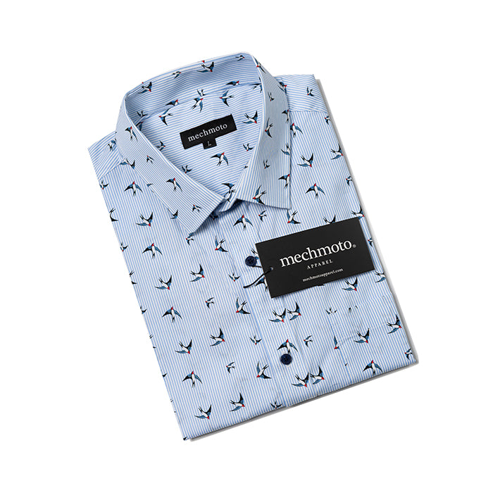 S/S shirt with stripe and bird print . I chest pocket