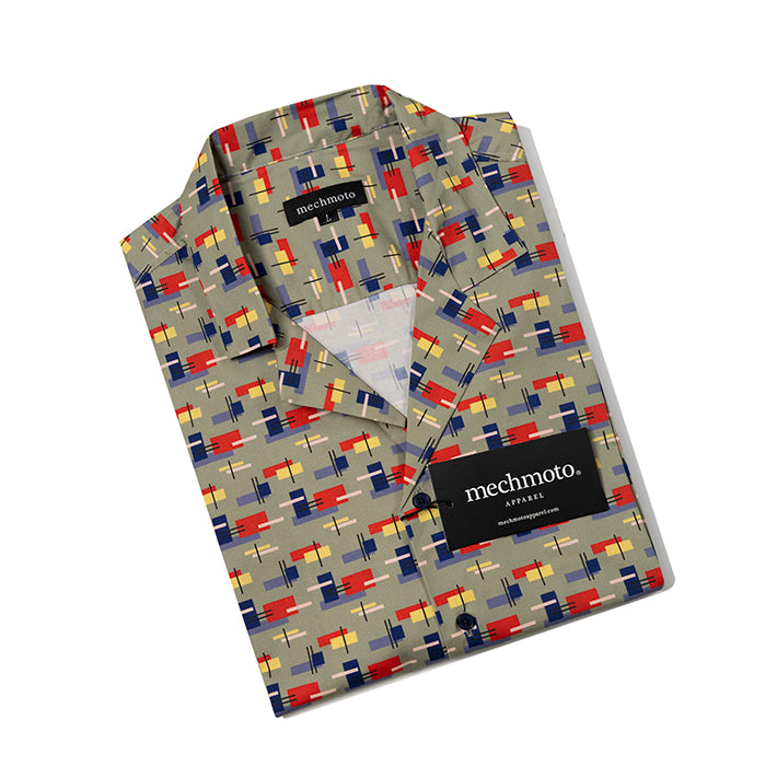 Cotton stretch s/s shirt geo print Johnny collar back box pleat