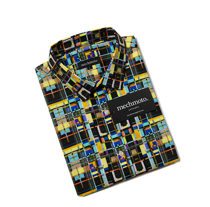 S/S cotton stretch shirt geo print back double darts