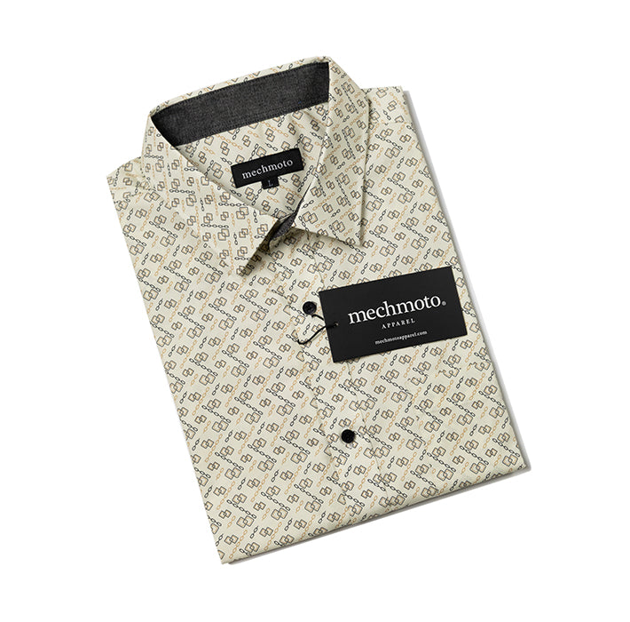 S/S cotton stretch shirt with geometric print chest pocket