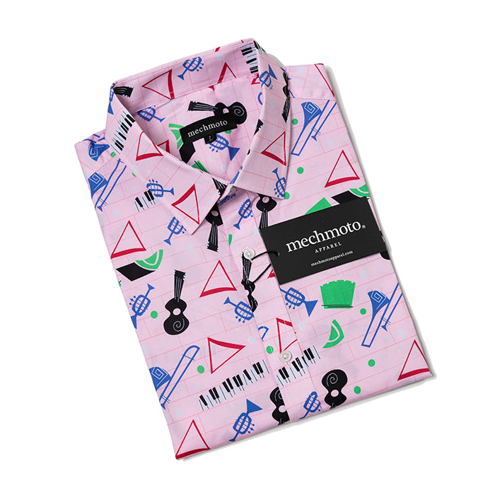 S/S cotton stretch shirt with music instrument print ,Two back darts