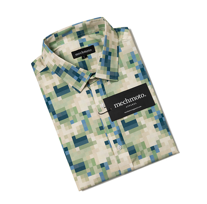 S/S cotton stretch shirt with multi square print two back darts
